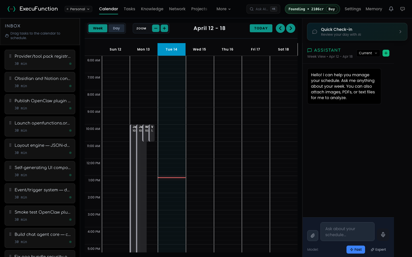 Reality Grid showing week view with tasks and events