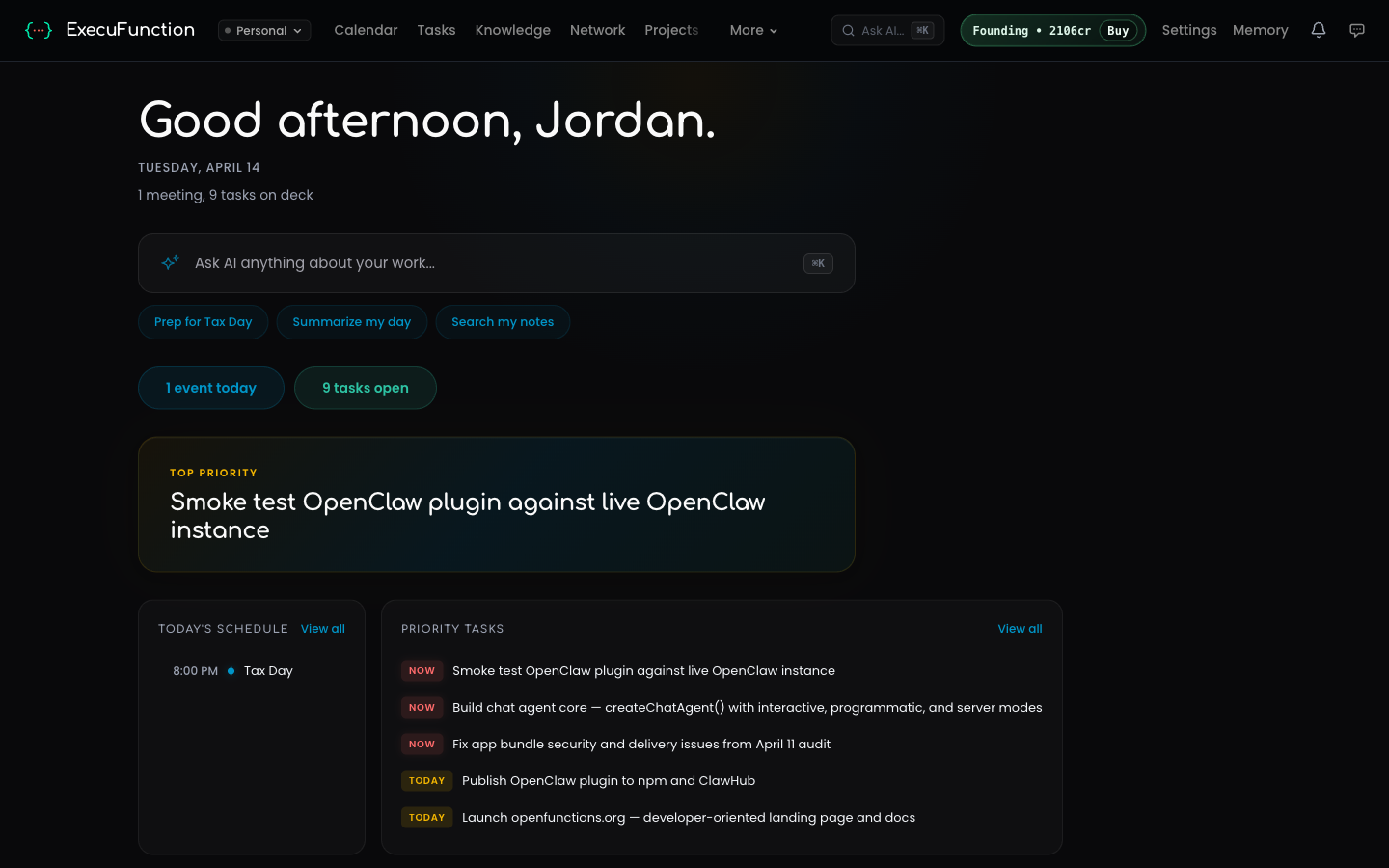 Dashboard showing today's schedule, priority tasks, and AI assistant