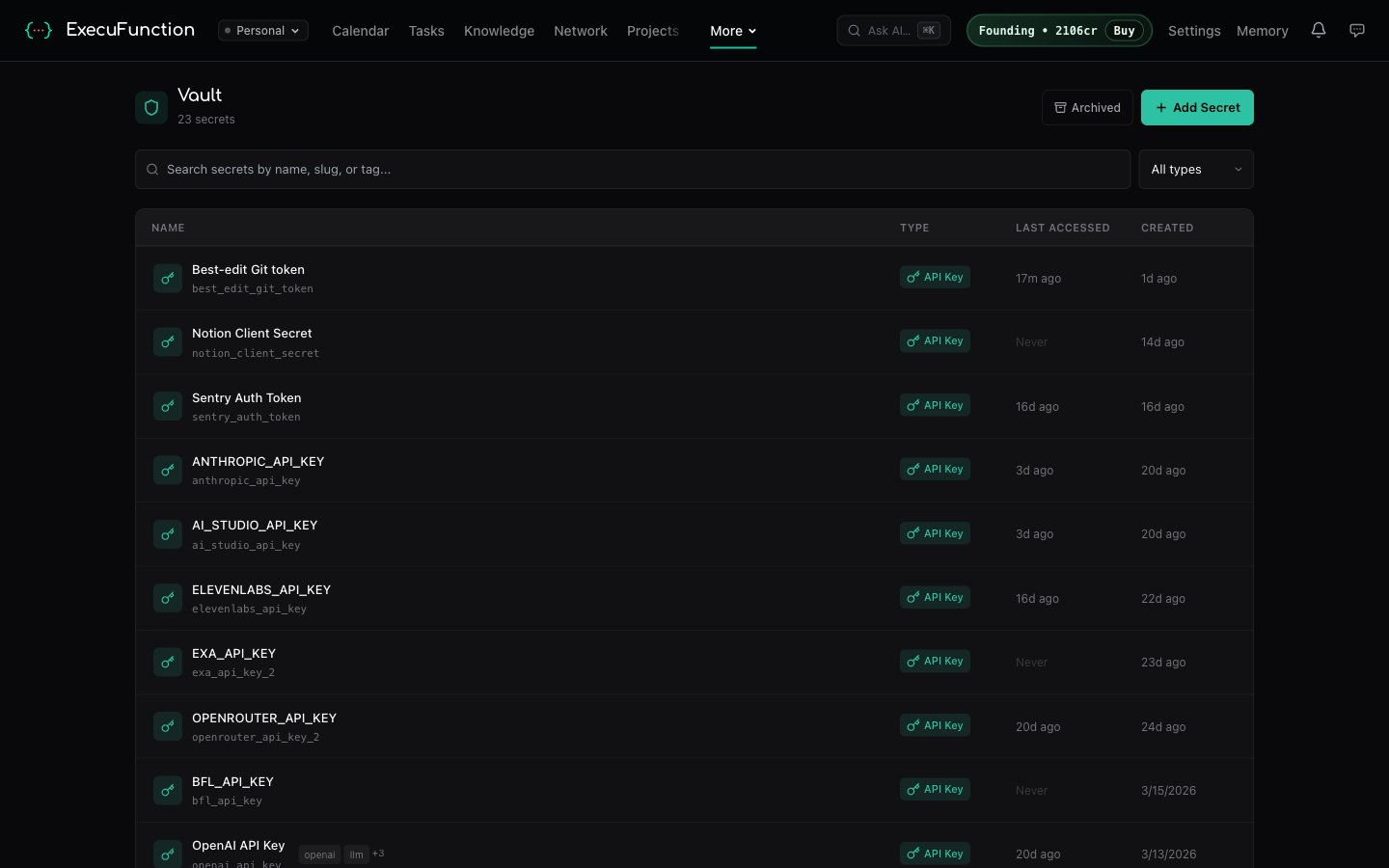 Encrypted vault for API keys, credentials, and secrets