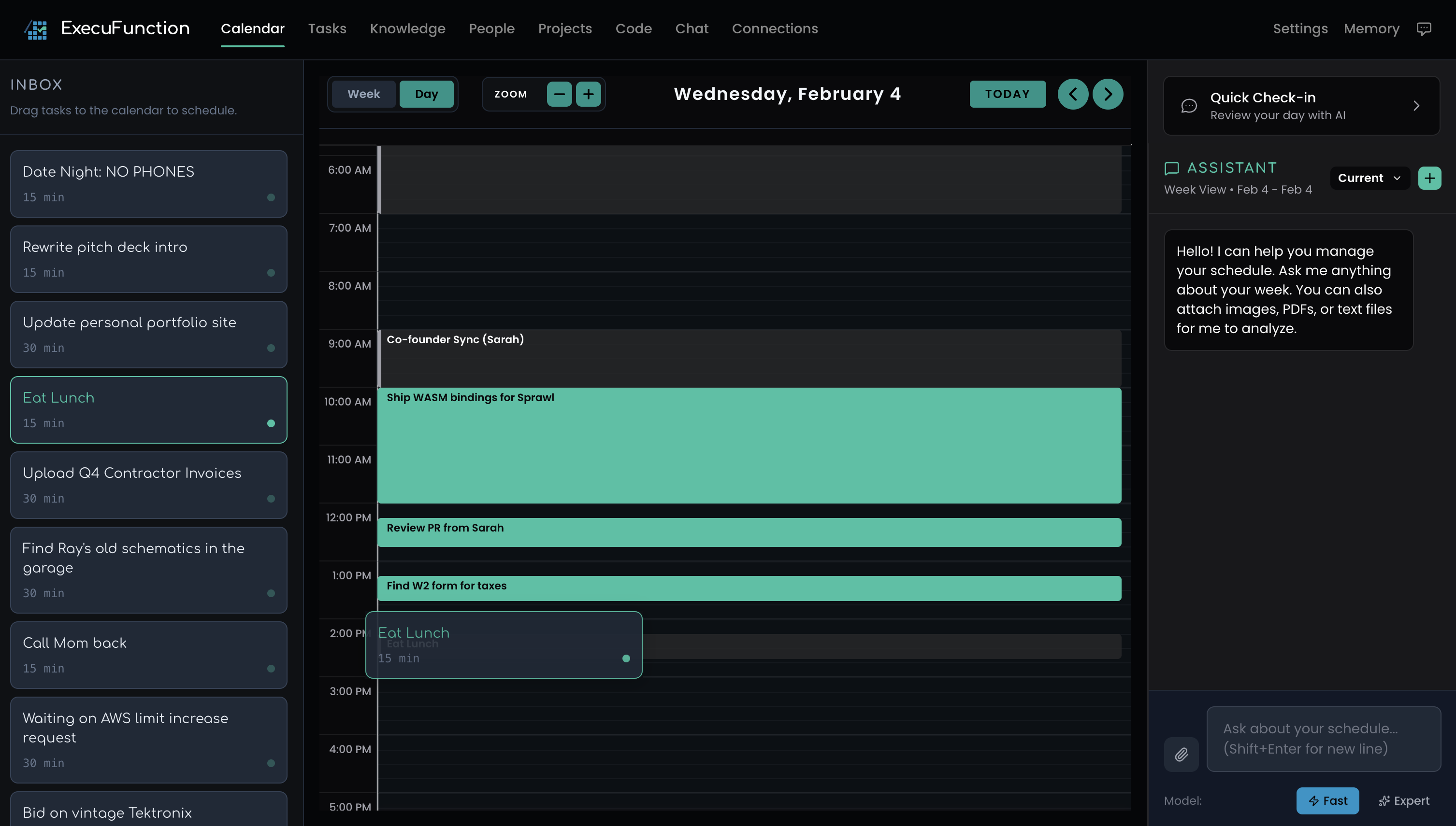 A realistic day view with tasks blocked around existing meetings and transitions