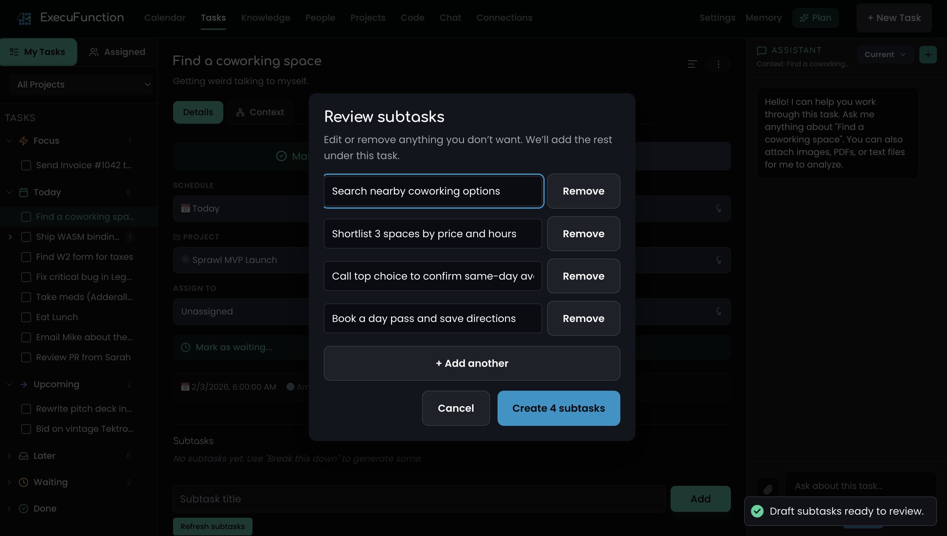 Siftable AI breaking a free-form check-in into discrete tasks with project assignment